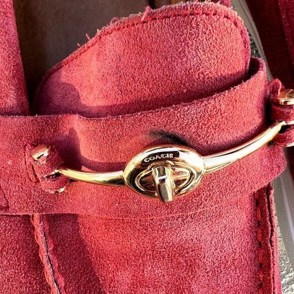 Coach Corey Womens 9.5 Red Suede Loafers Gold Bit Grannycore Preppy Shoe - Picture 3 of 7